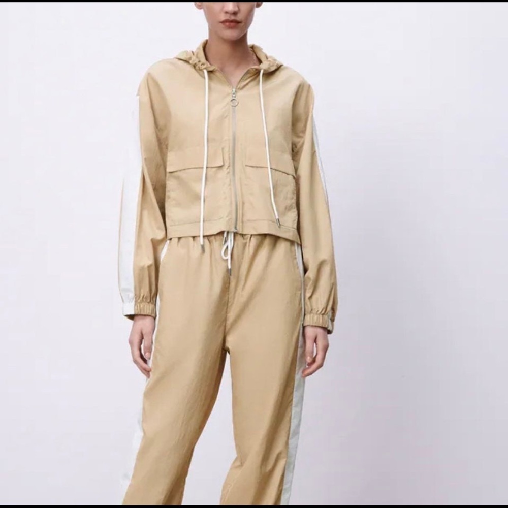 ZARA Women ANORAK WITH SIDE STRIPES Jacket Size XXL Camel/White